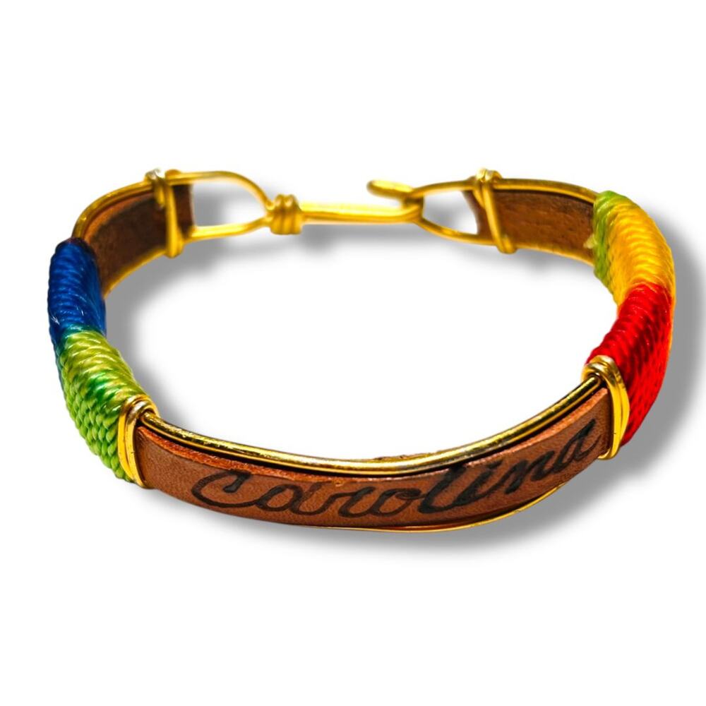 Vintage Leather and String Goldtone Personalized "Carolina" Bracelet
